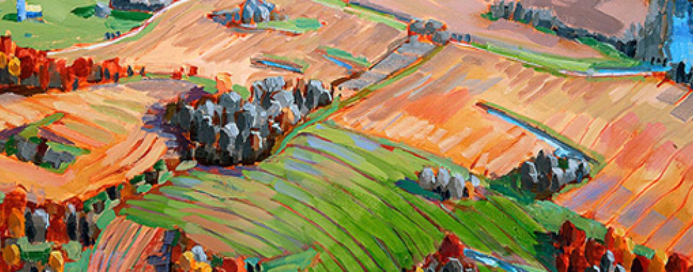 Modernistic painting of colorful rolling hills of farm fields