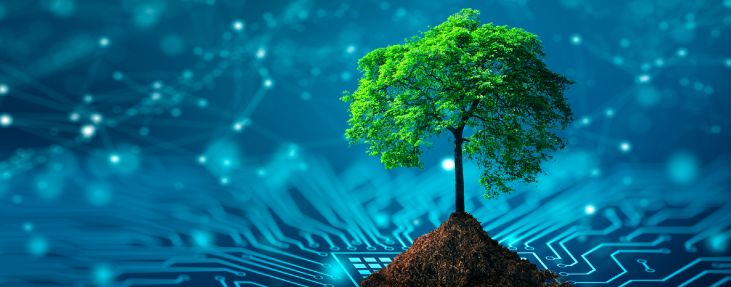 Graphic showing a tree with dirt in front of an abstract background