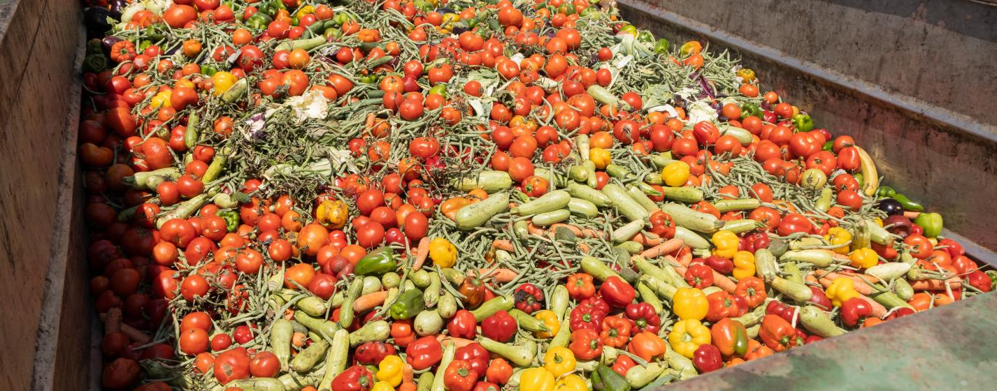 A bin of different fruits and vegetables