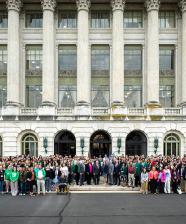 Youth delegates from the 2025 National 4-H Conference stand in front of USDA headquarters in Washington, D.C.
